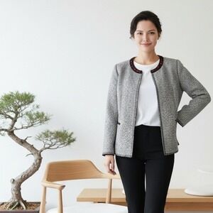 Chico's 2 Open Front Jacket Blazer Black White Sparkle‎ Red Beaded Neckline L